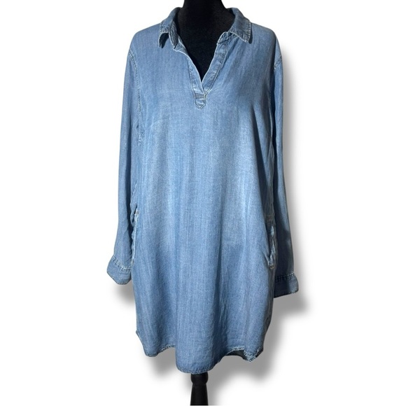 Velvet Heart NWT Blue Denim Cuffed Sleeve Collared Loose V-Neck Mini Shirt Dress - Picture 3 of 16